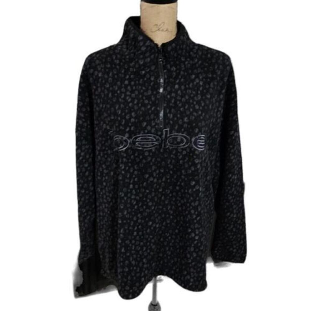 Bebe Womens 2X Leopard Print Polar Fleece 1/4 Zip Pullover Jacket Black Gray